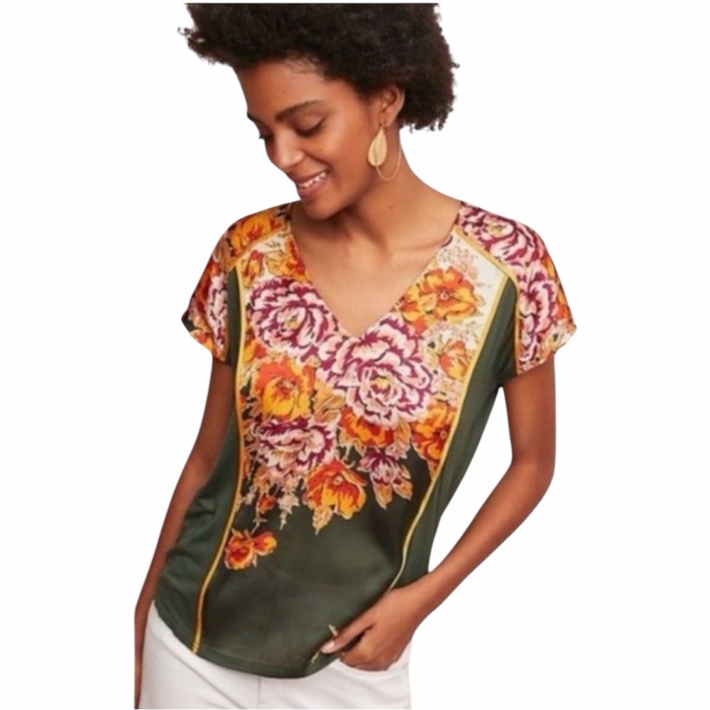 Anthropologie Tiny Satin Evesham Floral V Neck Cinched Cap Sleeve Top Blouse XS